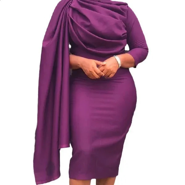 Elegant Ruched Party Pencil Dress Women Solid Ruffle Pleated Cloak Sleeve Bodycon Evening Wedding Dress Women 240814