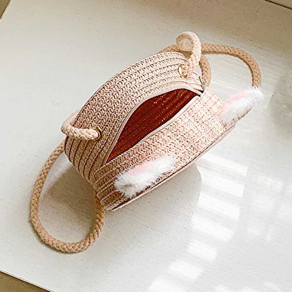 Cute cat handmade woven handbag girls small round straw bag mini cross body bag woven small wallet childrens shoulder bag W240813