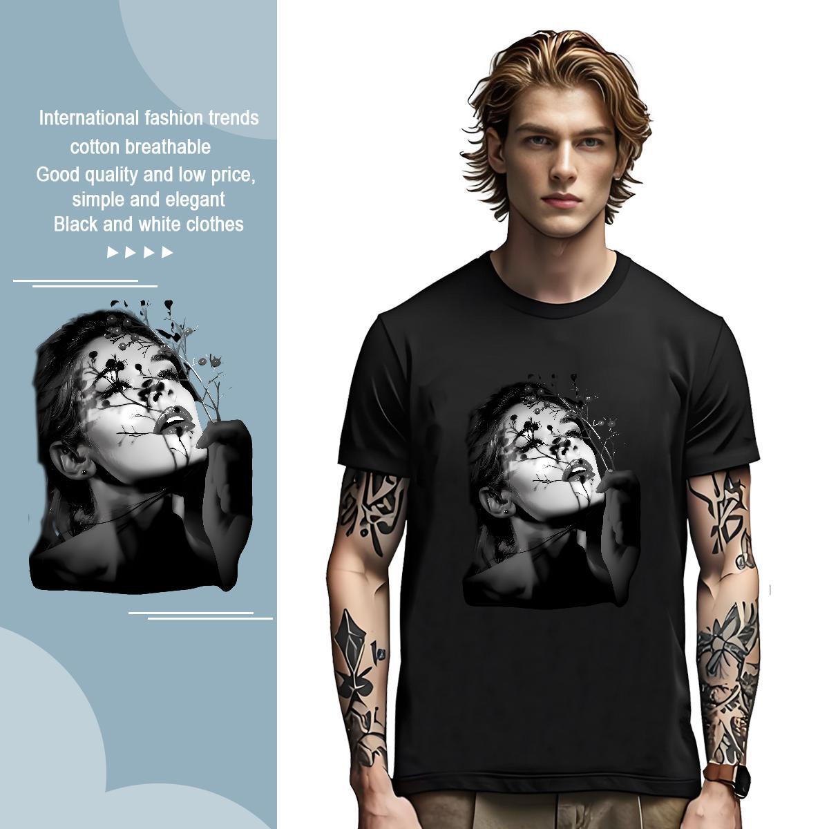 T-Shirts for Men 230g Pure Cotton flower Casual Daily Wear Breathable Soft Black White Mens Tshirts Customized Free Shipping Clothes