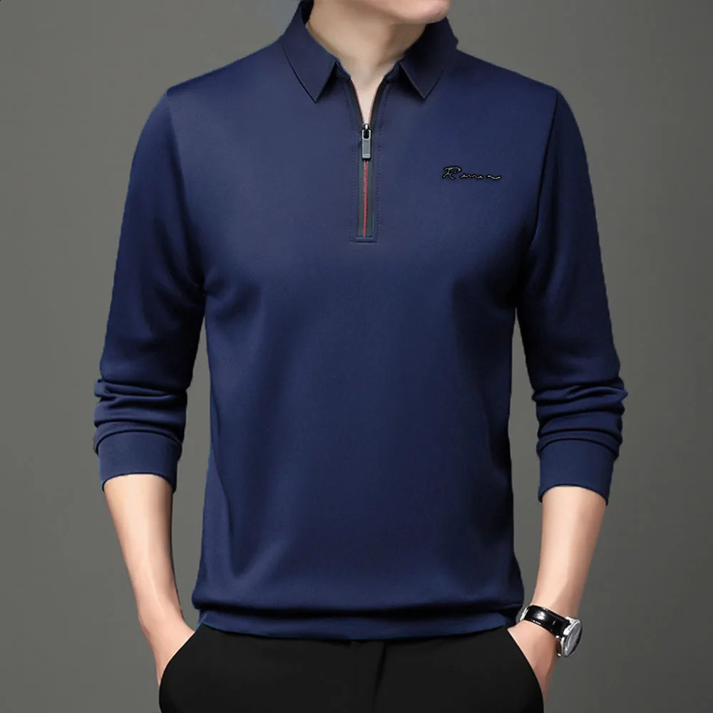 Letter Print Solid Polo Shirt Lapel Long-sleeve Zipper Collar Fashion Autumn Thin Shirts Casual Loose Tops Men Clothing 240820