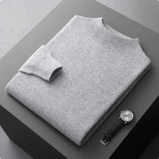 Mens 100% Pure Merino Wool Sweater Winter Casual Half Turtle Neck Long Sleeve Fashion Knitted Sweater Pulling Hot JumperW240729