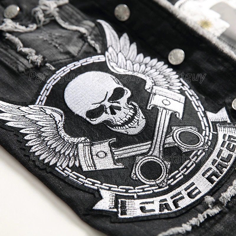 Black Skull Embroidered 2 Piece Mens Sets Fashion Slim Denim Vest and Ripped Hole Jeans Two Pieces Men Casual Suit Streetwear 240814