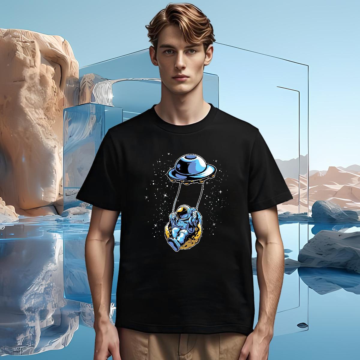 T Shirts Men 230g 100% Cotton cosmonaut Hip Hop Street Crew Neck Black White Men Tees Free Shipping Loose Tees Shirts