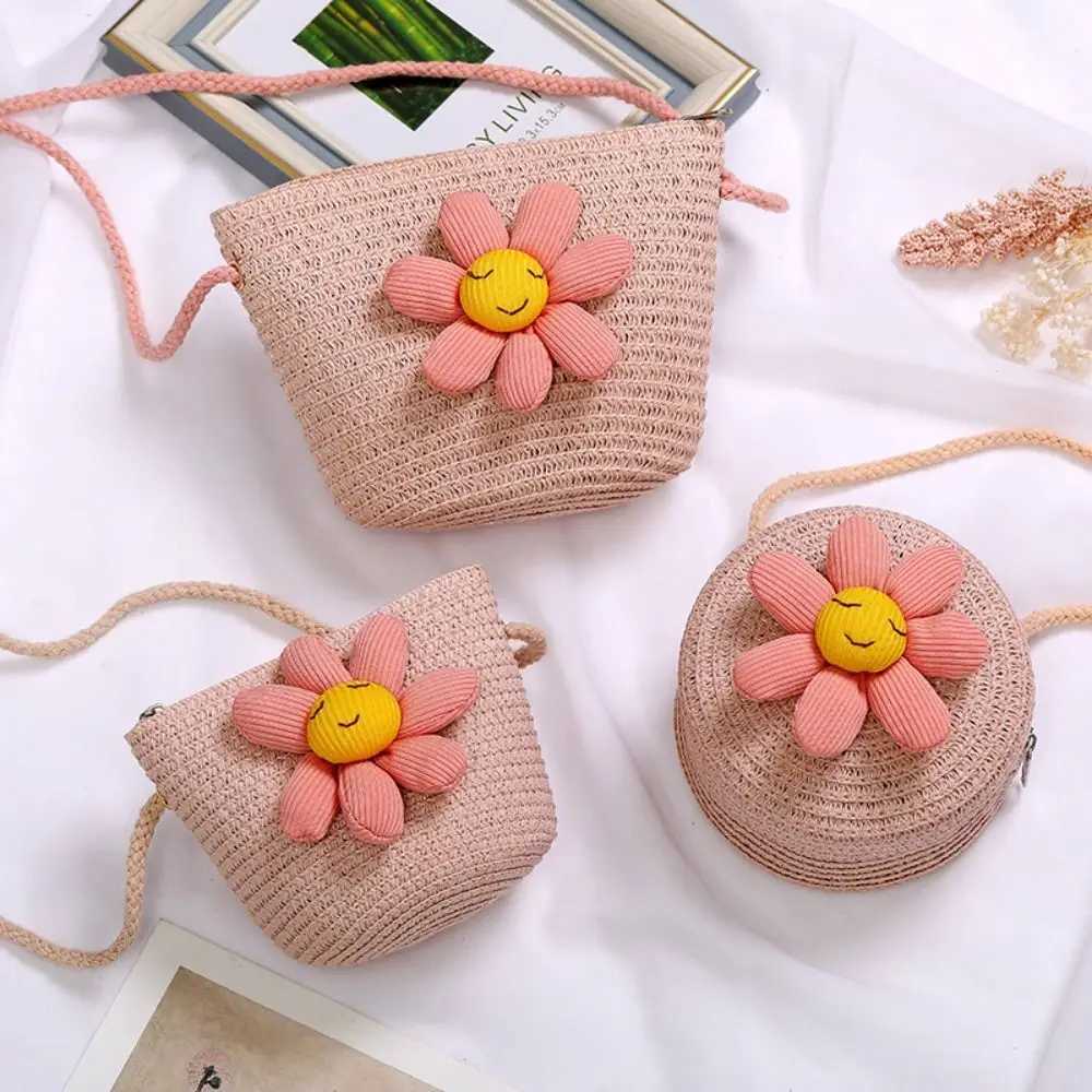 Flower Girl Straw Bag Summer Zipper Hand Woven Childrens Beach Bag Photo Props Coin Wallet Storage Basket W240906