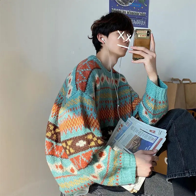 Plaid Sweater Men Harajuku Y2K Korea Style Fashion Warm Pullover Men High Quality Male Christmas Sweaters Male Cloth 240821