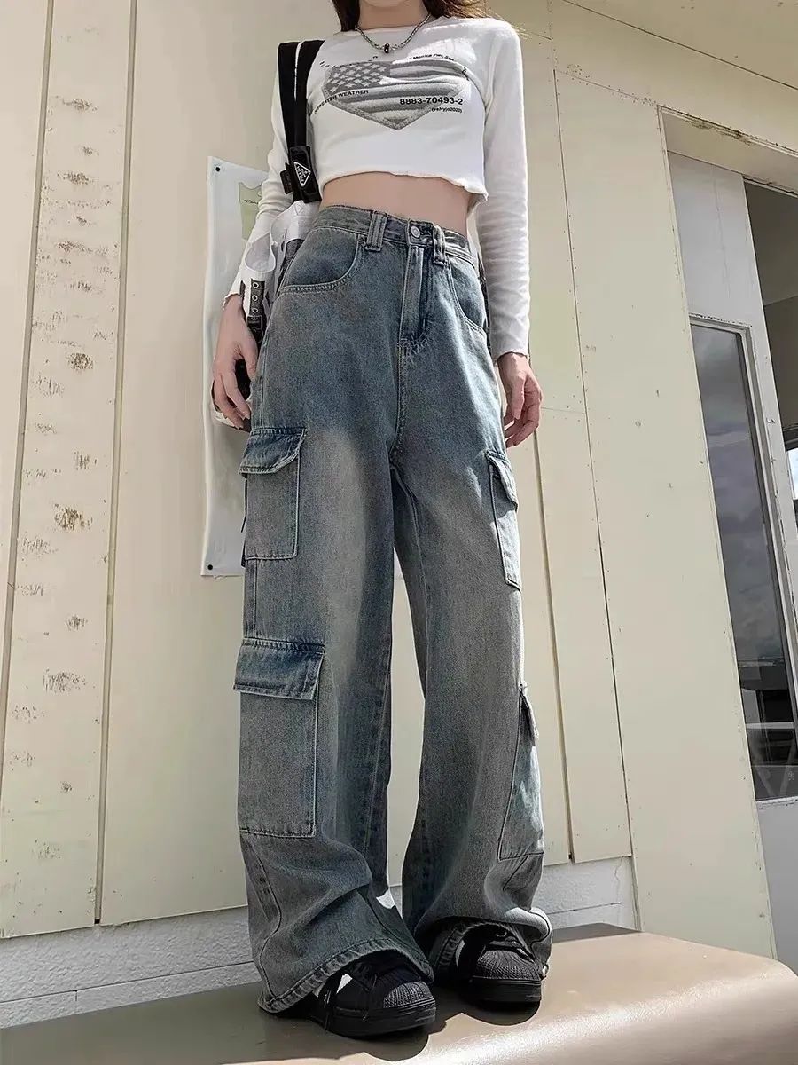 High street BF style retro multi pocket women's designer workwear jeans, loose high waisted slim fit straight wide leg mop pants