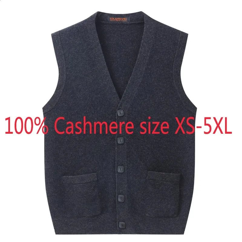 Fashion Men 100% Cashmere Sweater Single Breasted Casual V-neck Computer Knitted Vest Sleeveless Thick Plus Size XS-4XL5XL 240814
