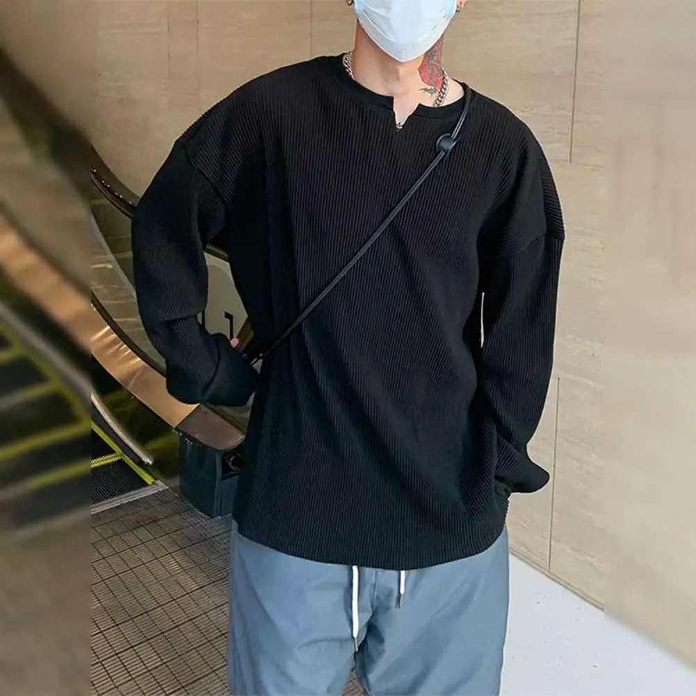 Men Long Sleeve Tops Versatile Mens Streetwear Ribbed Stripes V-neck T-shirt Loose Fit Long Sleeve Pullover Tops for SpringM240814