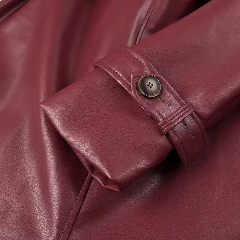 KEYANKETIAN 2024 Womens Burgundy Faux Leather Coat Retro Fashion With Belt Pockets Loose Extended Overcoat Outerwear 240813