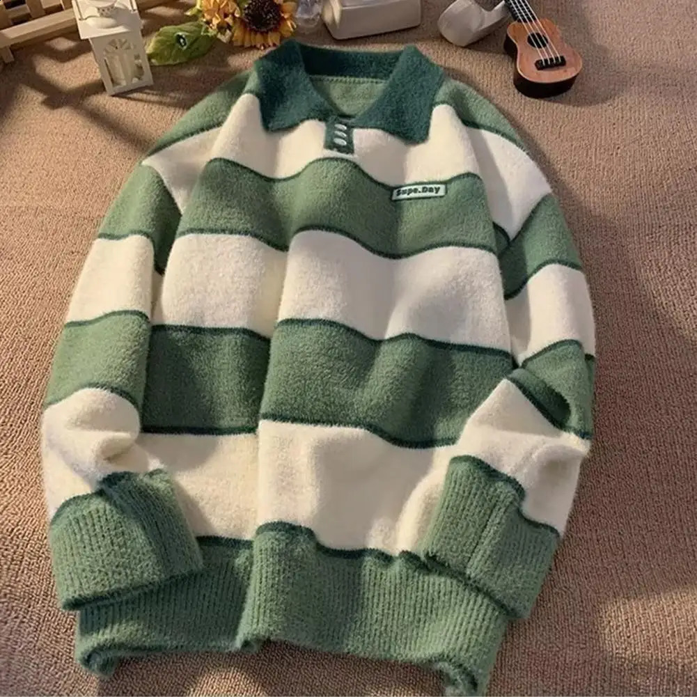 Mens sweater collar n winter warm knit top loose fit striped print lazy style for couples autumn knit pull-out 240829
