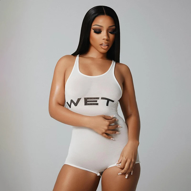 CUTENOVA 2024 Summer Women Sexy Sport Romper Subtranslucent Slim Playsuits Letter Printed White WomenS Raceback Sleeveless 240813