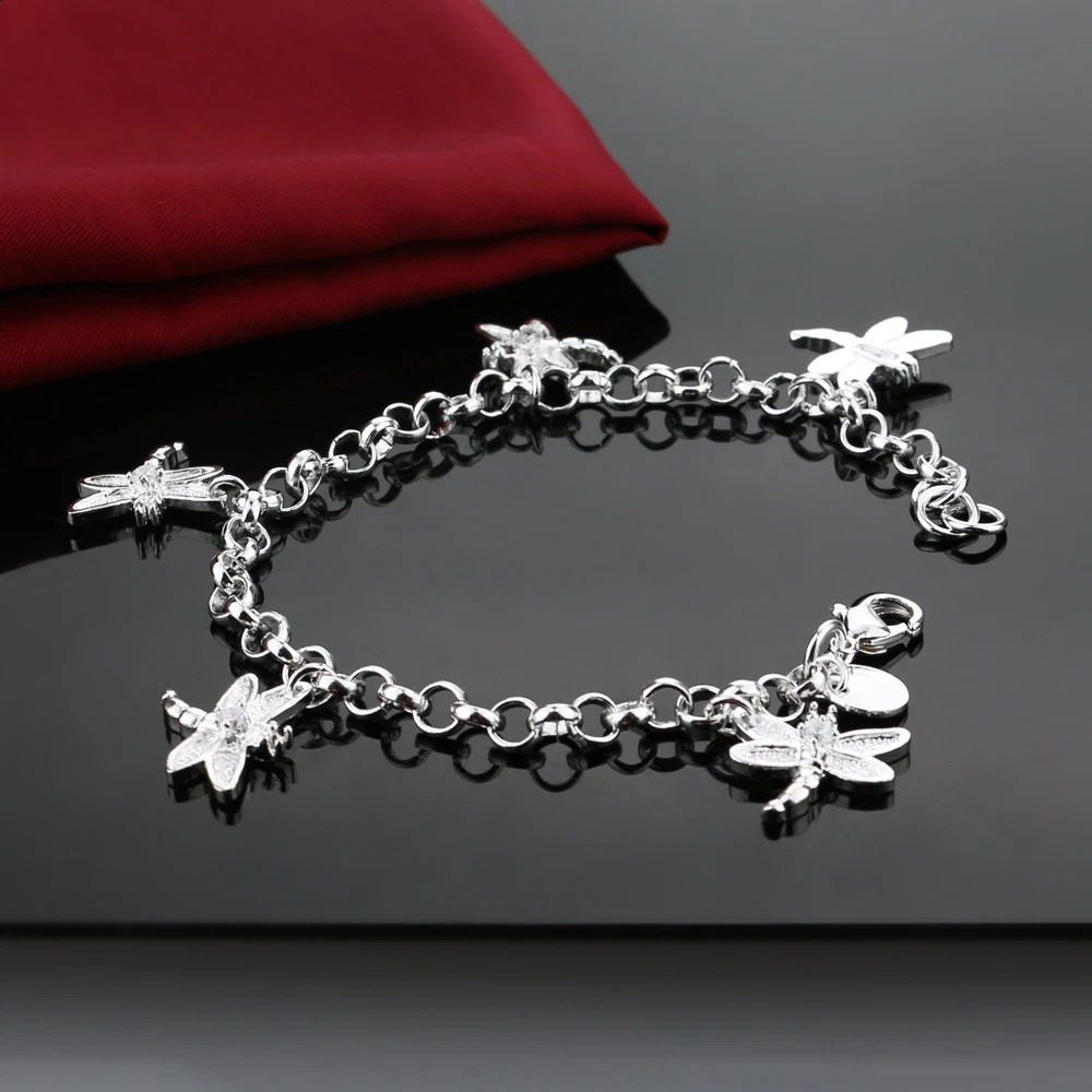 Fashion 925 Solid Silver Dragonfly Bracelet For Women Bohemian Cute Charm Hand Catenary Bangle Jewelry 240813