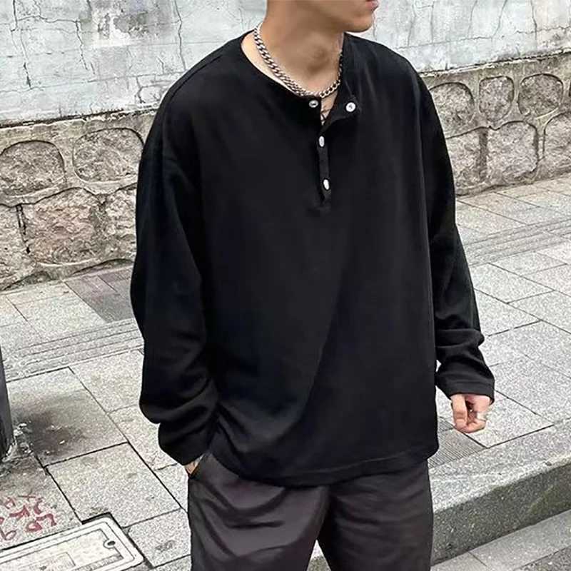 Autumn Winter Pleated Texture Long Sleeve Men T Shirt Buttons Fashion Casual Business Keep Warm 2xl Oversized Pullover Top WhiteM240814