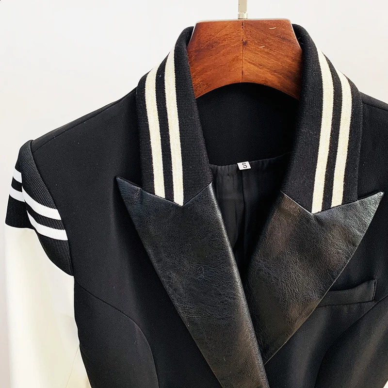 HIGH STREET Fashion 2024 Classic Varsity Jacket Womens Lion Buttons Double Breasted Leather Sleeve Patchwork Blazer 240813