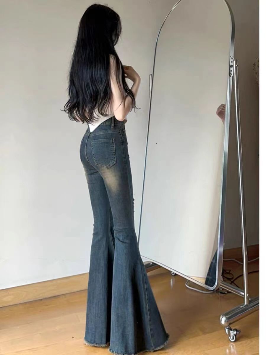 Thin hole, big horn, elastic thin jeans, women's high waist, small stature, summer hot girl, horn pants