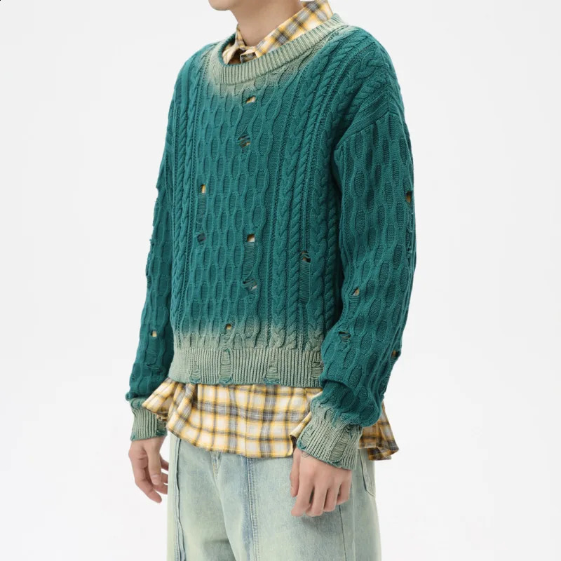 SYUHGFA Korean Style Mens Wear Sweater Autumn Round Collar Hollow Out Hole Knitted Top Vintage Male Top 240814