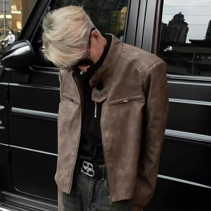 Vintage American Style Motorcycle Jacket Zip-up For Men Women Cropped Trendy Brown Distressed Autumn Winter Feeling Leather 240814
