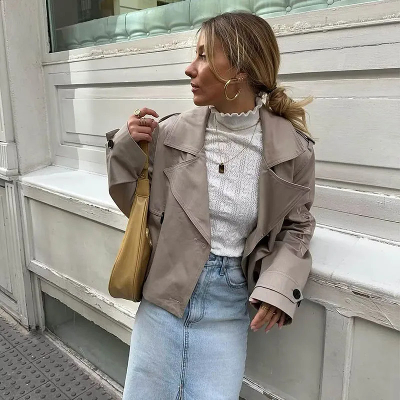 Women Jacket Autumn Fashion Casual Streetwear Button Loose Long Sleeve Tops Female Cropped Trench Coat Outwear 240813