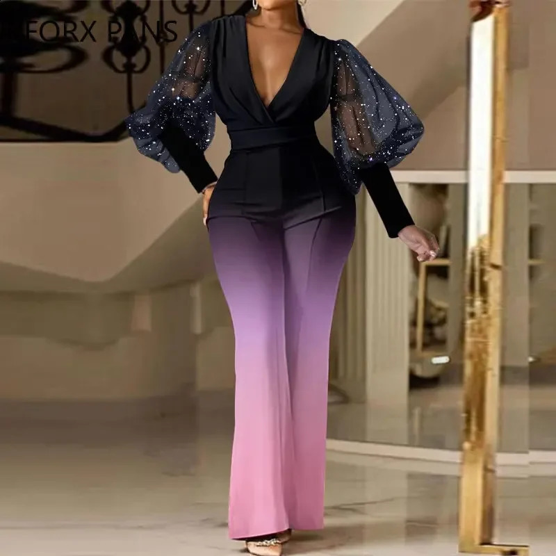 Women Elegant Contrast Mesh Lantern Sleeves Deep V Neck Straight Leg Jumpsuit 240813