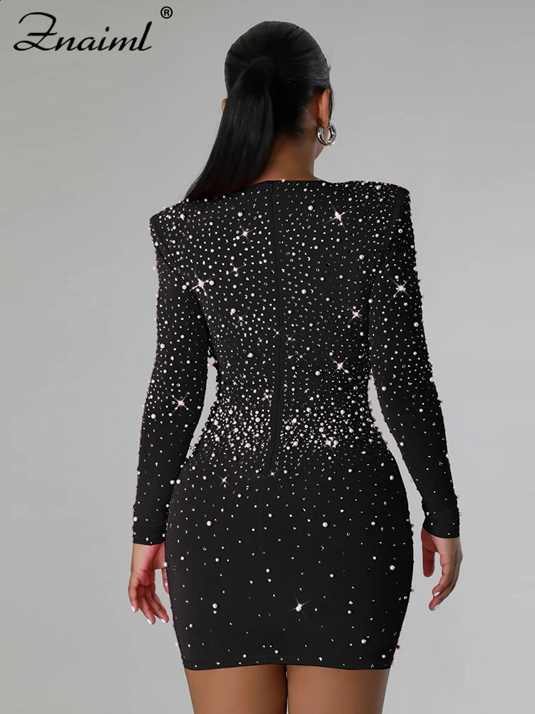 Znaiml Sexy Birthday Party Vestidos Women Diamonds Rhinestones Long Sleeve Sweetheart Collar Nightclub Prom Bodycon Mini Dress 240814