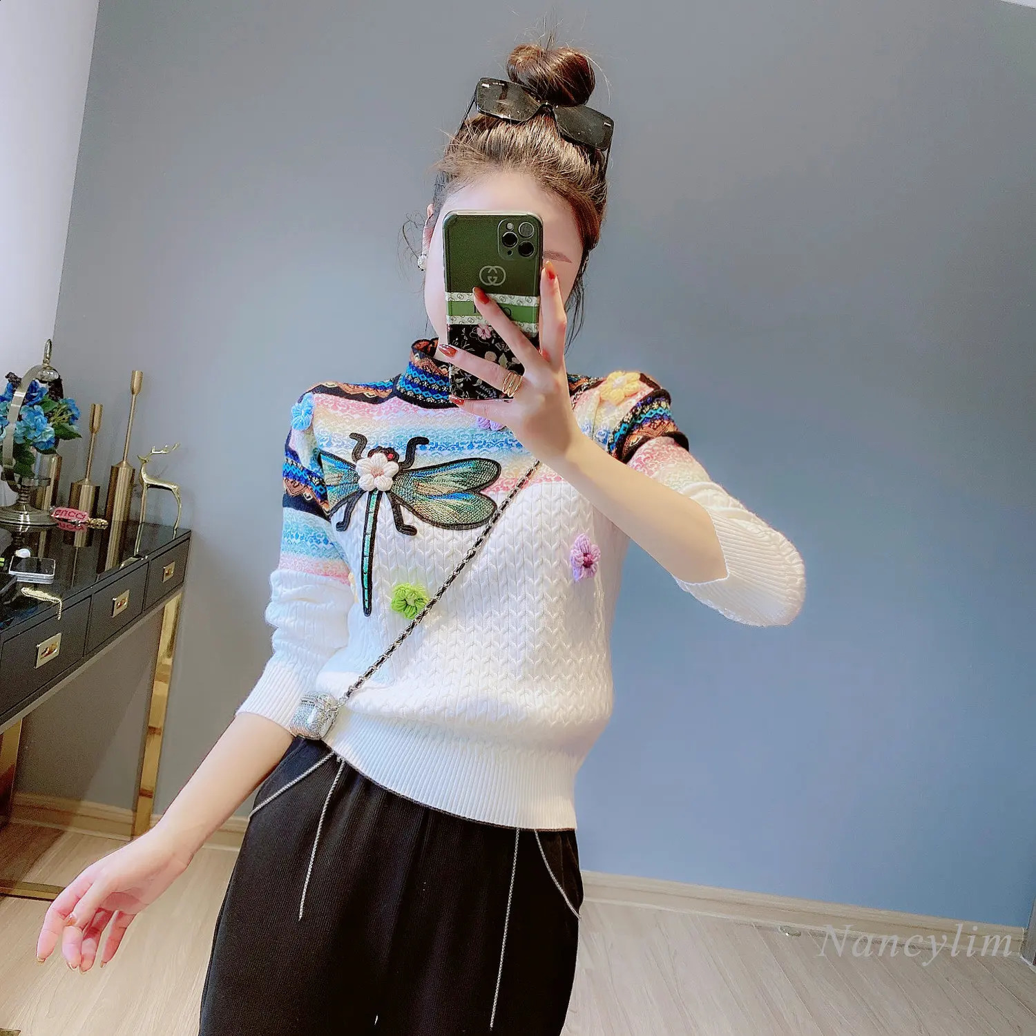 Spring Autumn Round Neck Long Sleeve Contrast Color Twist Sweater Womens Three-Dimensional Flower Dragonfly Pull Femme 240813