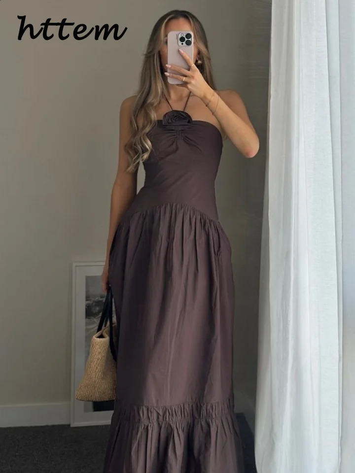Elegant 3d Flower Halter Long Dress Women Slim Sleeveless Backless Pleated Holiday Dresses 2024 Summer Lady Solid Cotton Robes 240814
