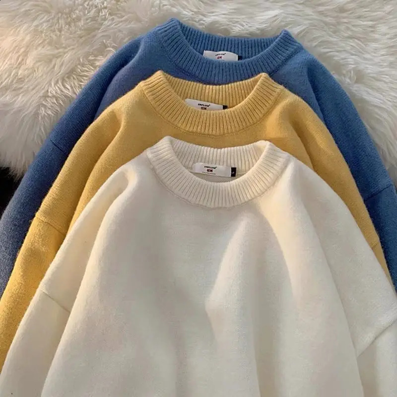 Autumn and Winter Hong Kong Style Simple and Versatile Solid Round Neck Trend Loose Oversize Underlay Thick Mens Sweater 240814