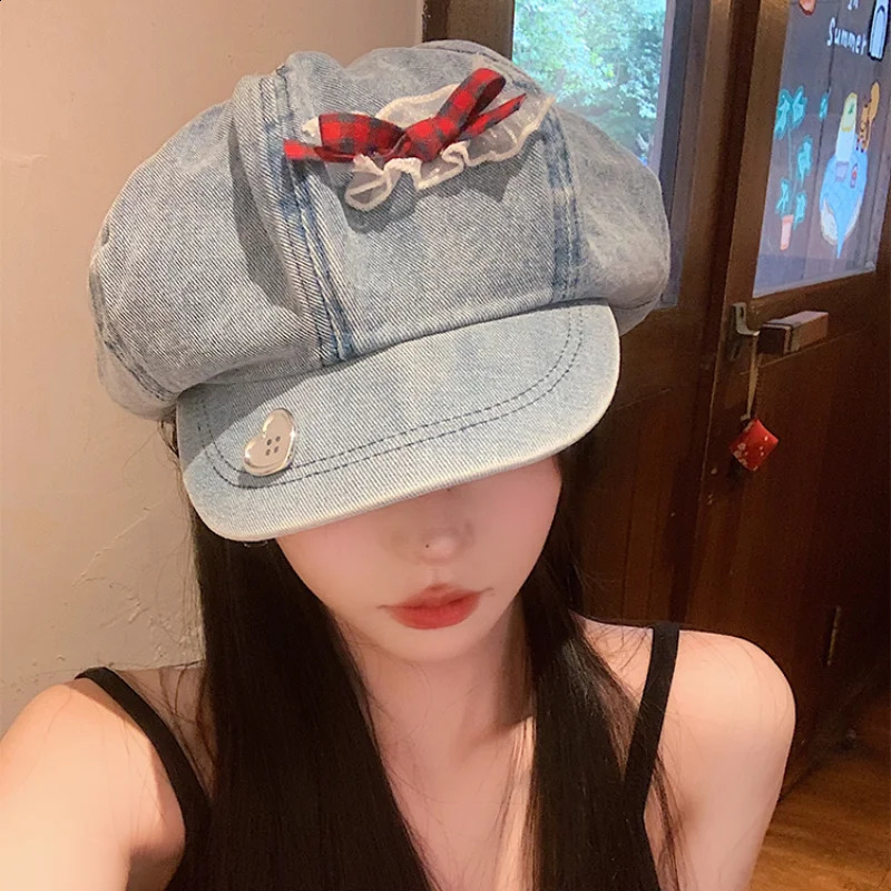 Y2K Lace Bow Cloud Berets Caps for Women Show Face Small Summer Autumn Casual Versatile Korean Retro Denim Octagonal Hat 240805