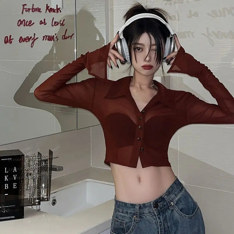 See Through Womens Sexy Retro Y2k Crop Top Street Clothing Harajuku Ultra Thin Long Sleeve Single Sweating Black Wine Shirt 240827