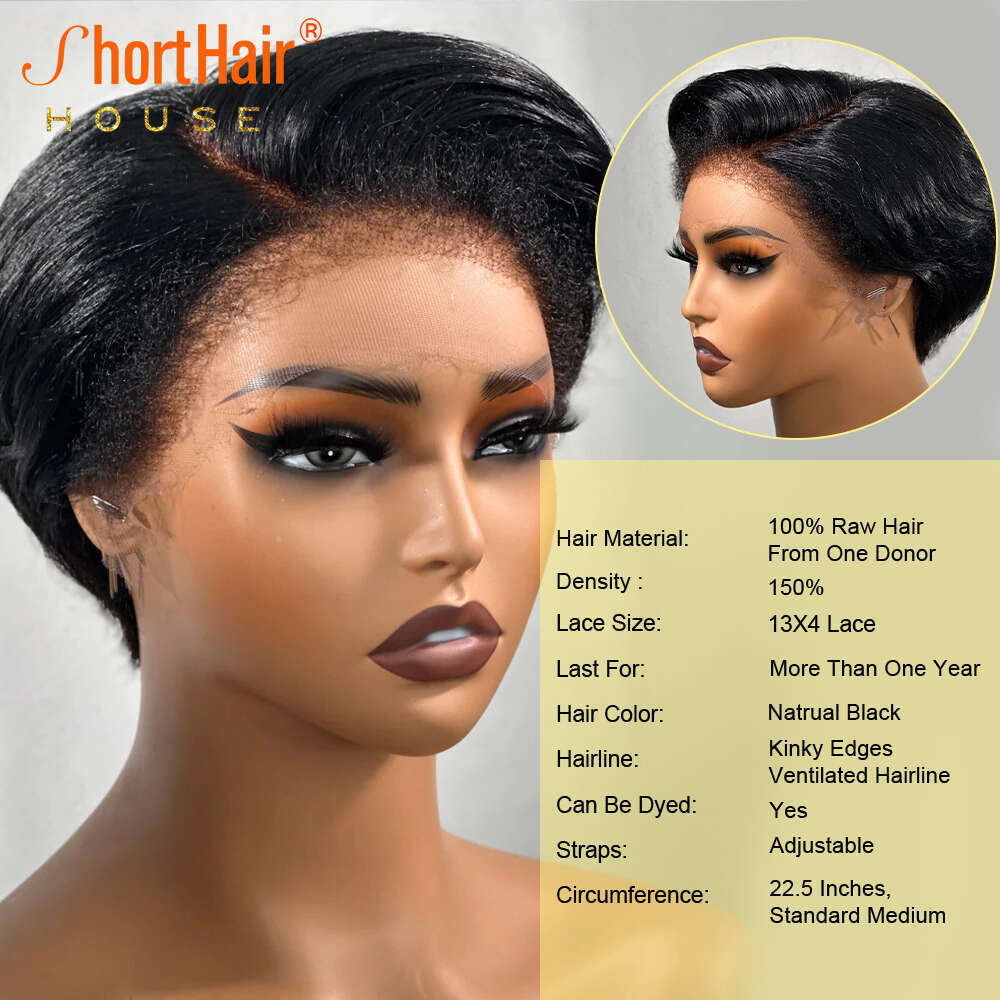 Kinky Edges Pixie Cut Wigs Human Straight Bob Curly Baby Hair 13X4 Transparent Lace Front Wig For Black Women