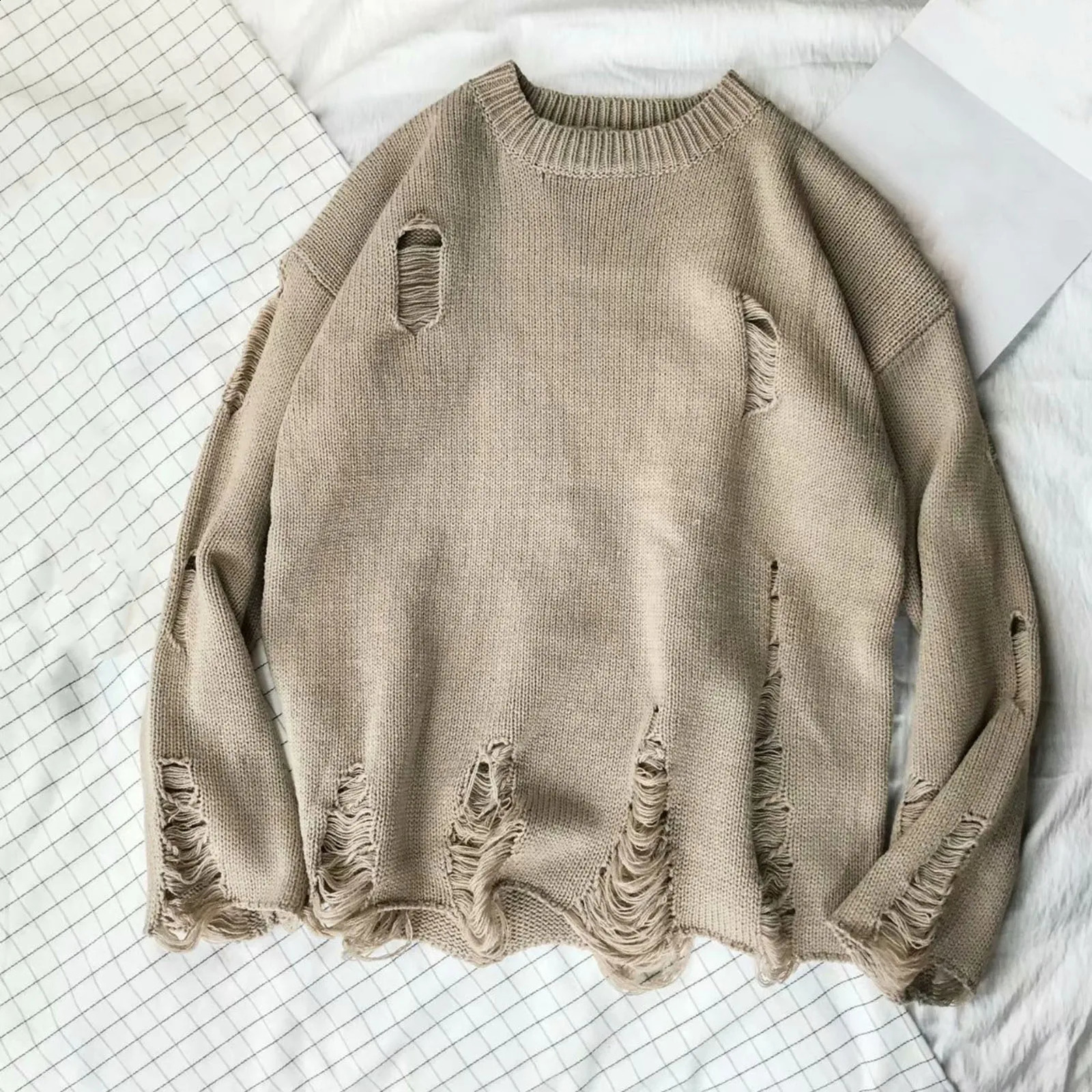 Men Wash Hole Ripped Knit Sweaters Solid Color Ripped O Neck Oversized Couple Sweater Winter Cool Mens Clothes Streetwear 240829
