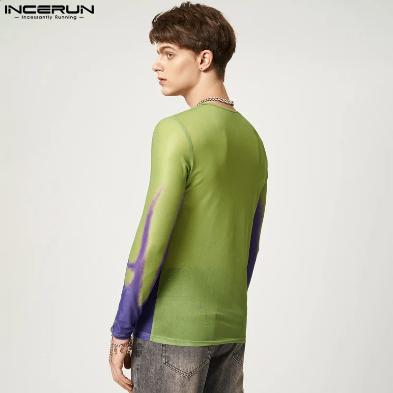 INCERUN Fashion Men T Shirt Printing O-neck Long Sleeve Mesh Transparent Streetwear Casual Camisetas Sexy Men Undershirt 240814