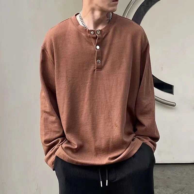 Autumn Winter Pleated Texture Long Sleeve Men T Shirt Buttons Fashion Casual Business Keep Warm 2xl Oversized Pullover Top WhiteM240814