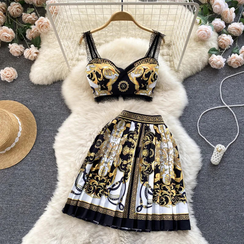 Summer Short Strapless Suspender Vest High Waist Pleated Skirt Two Piece Set Dress Sets 240810