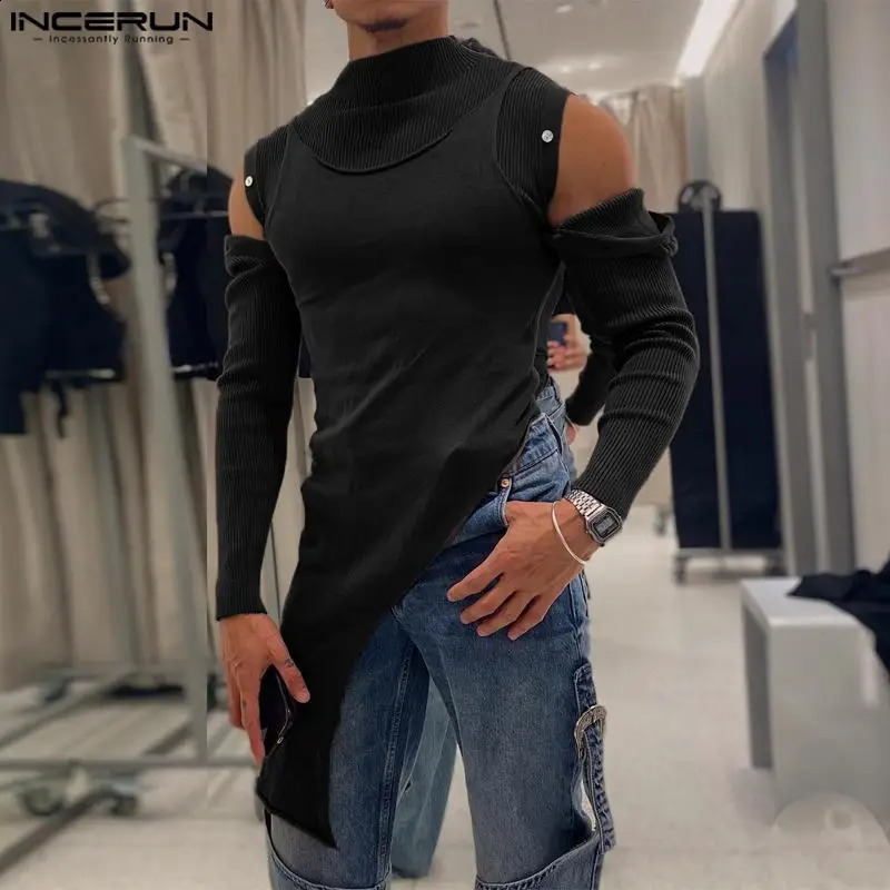 INCERUN Men Irregular T Shirts Patchwork Long Sleeve Off Shoulder Patchwork Turtleneck Men Clothing Streetwear Camisetas 240814