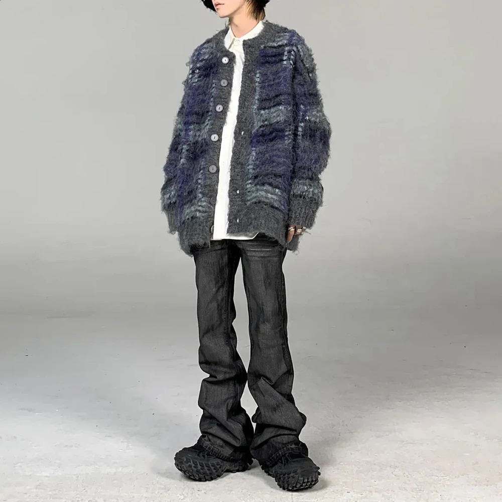 Men Y2k Contrasting Color Cardigan Casual Knitted Sweater Autumn Winter Genderless Fashion Youth Personality Loose Jacket Unisex 240821