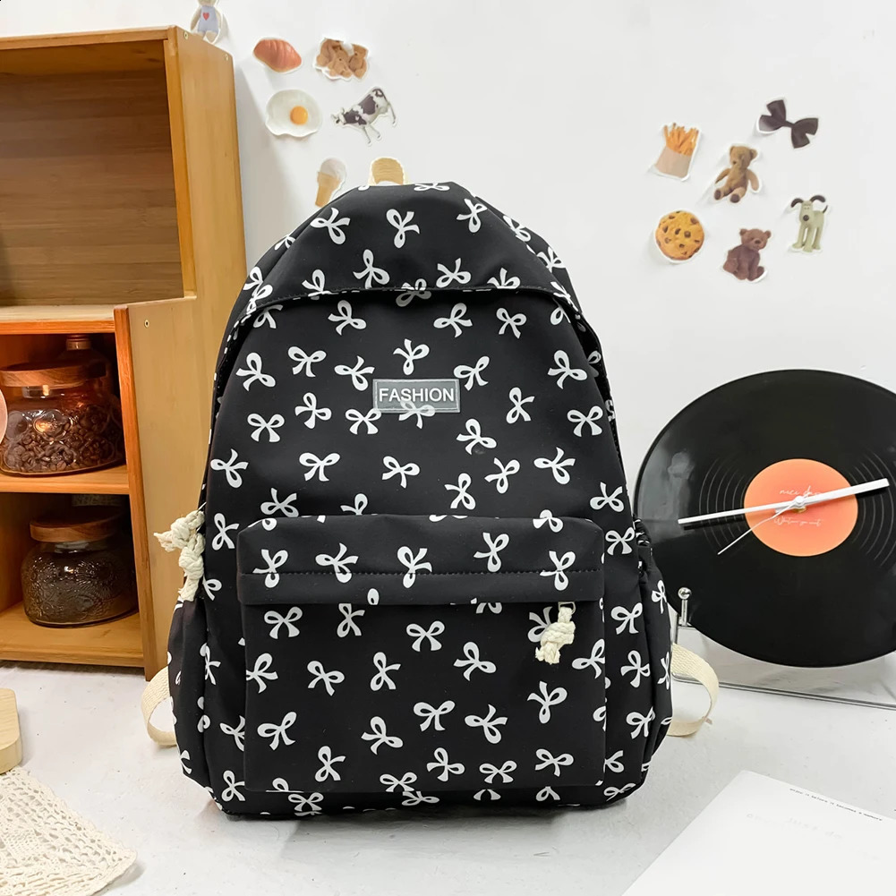 Nylon Backpack for School Bags for Student Cute Schoolbag Bow Printed Women Travel Bag Aesthetic Bookbag Knapsack Rucksack 240813