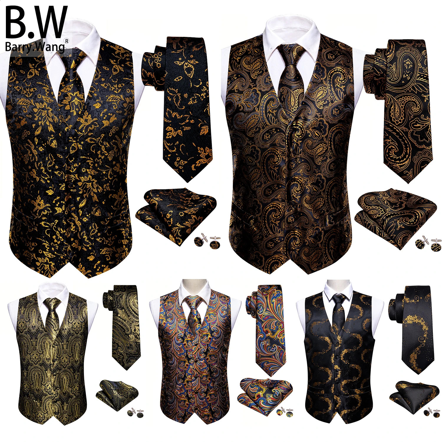 Golden black silk mens vest tie pocket square cufflinks set jacquard waistcoat sleeveless jacket mens wedding business Barry. King 240814
