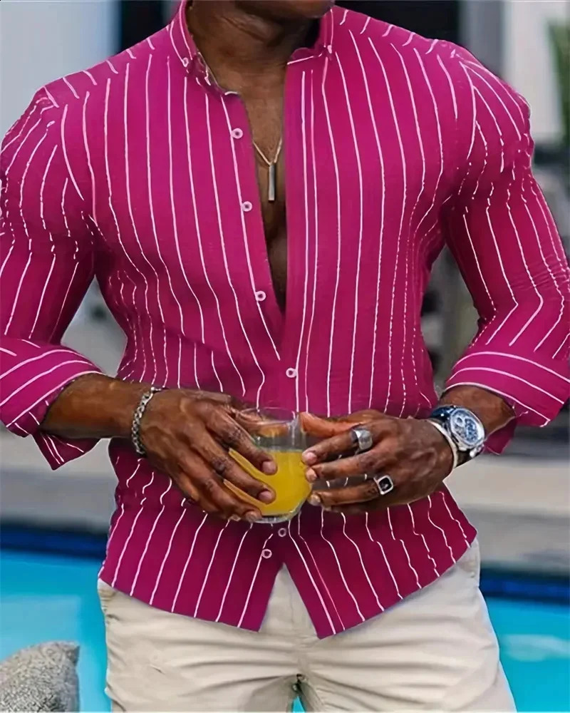 Mens Fashion Loose Striped Shirt Casual Breathable Polo Collar Button Long sleeved Shirt Top Comfortable Soft Fabric Large 6XL 240814