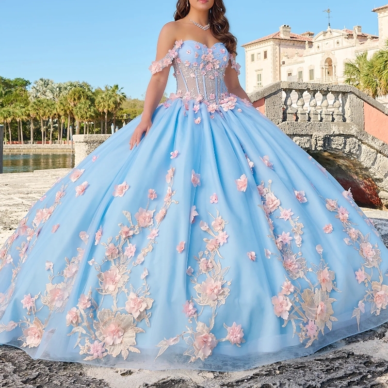 Mexican Sky Blue Quinceanera Dresses Ball Gown Beaded Lace Appliques Flower Tull Sweet 16 Dress Princess Lace Up Vestido De 15 Anos