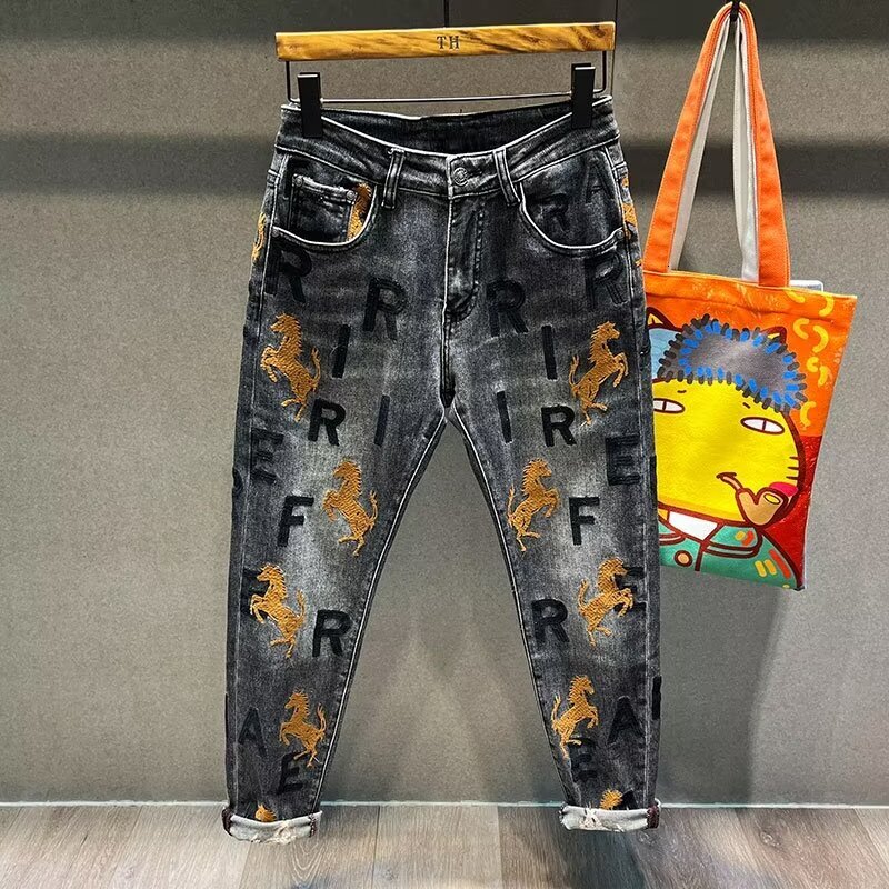 2024 American summer jeans men's cropped versatile design trendy fashion slim casual pants