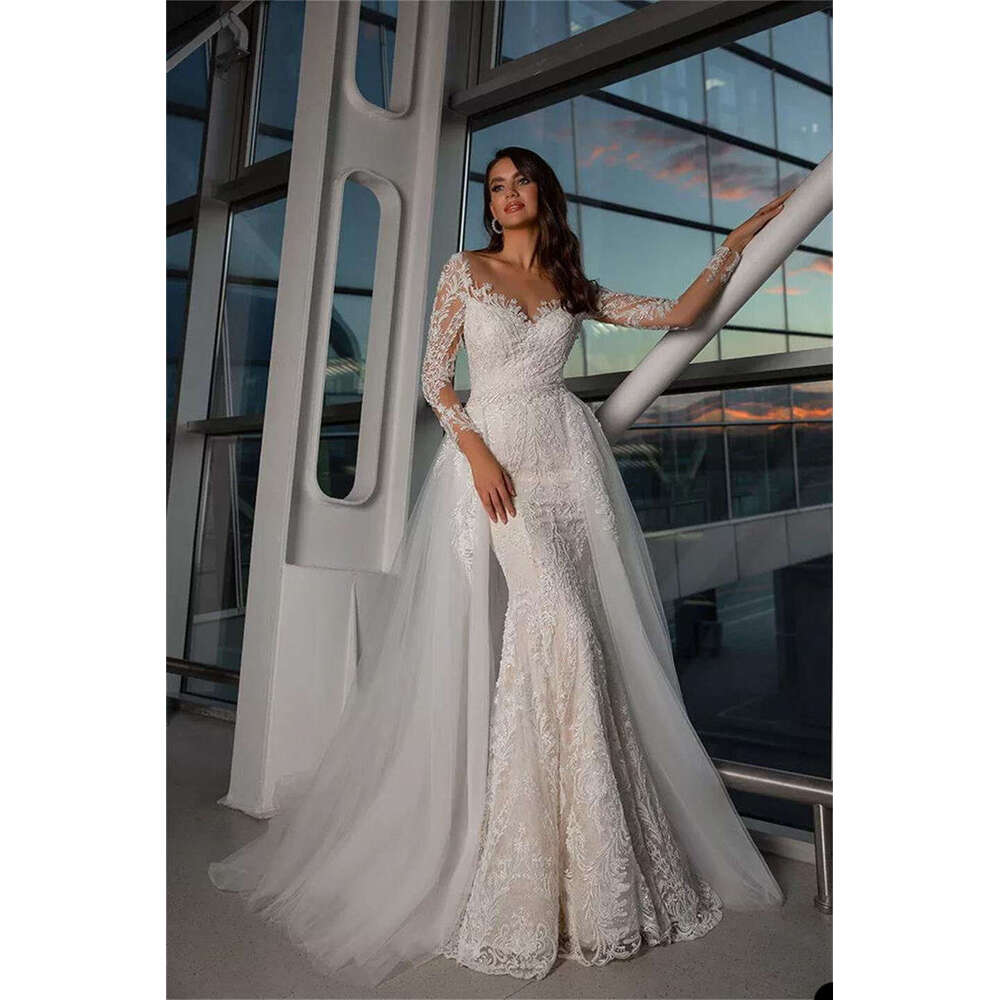 Wedding Crystal Dresses Bridal Gowns Lace Appliqued Beaded V Neck Long Sleeve Tiered Ruffles Vestido De Noiva estido