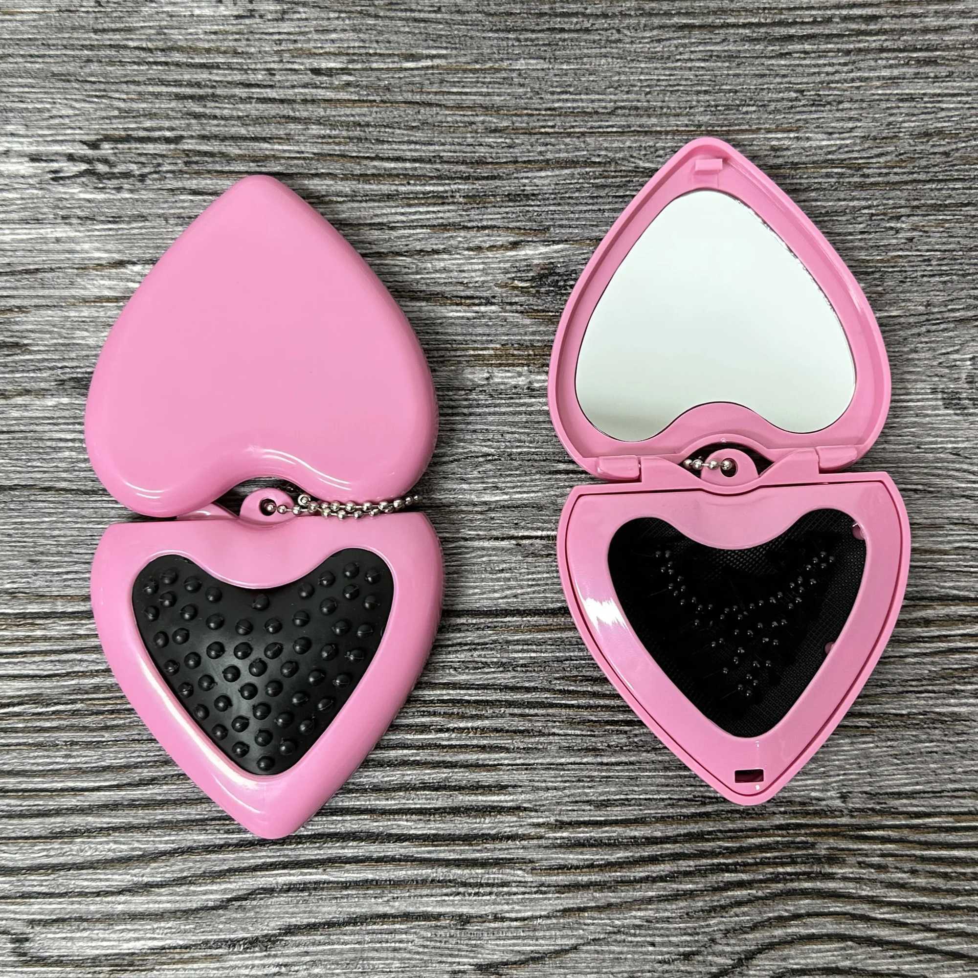 Heart shaped folding hair brush with mirror cute pink hand mirror with brush W240813