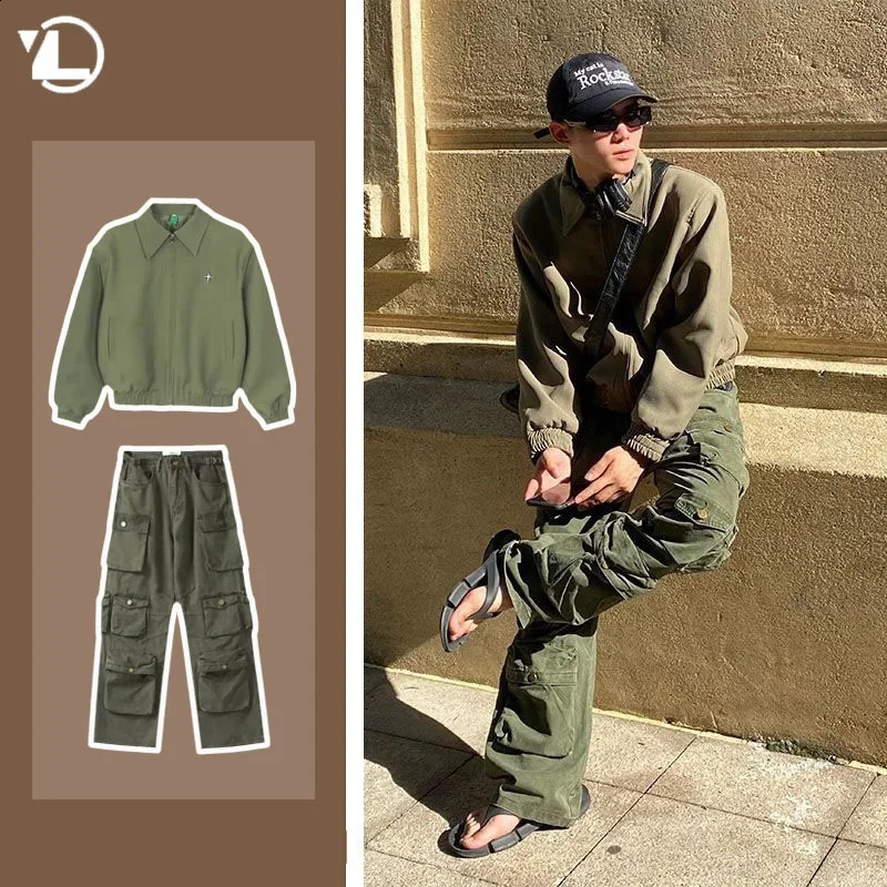 High Street Y2k Men Set Casual Loose Lapel JacketHip Hop Multi Pocket Overalls 2-piece Spring Autumn Fashion Couple Suit Trend 240813