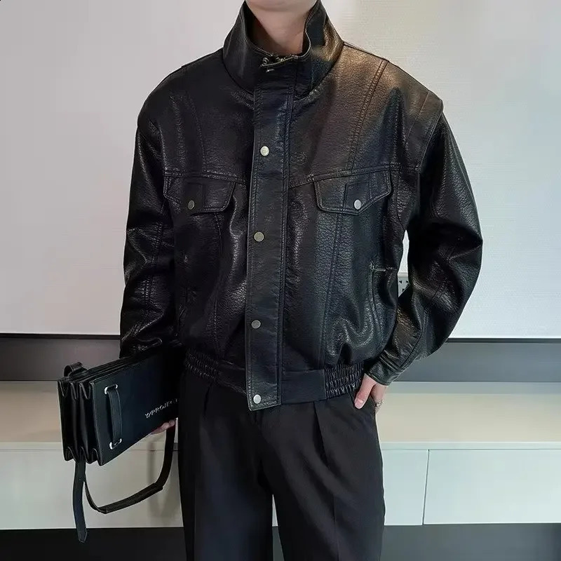 Trendy Black Motorcycle Jacket For Men Casual Stand Collar Leather Biker Riding Gear Lightweight Loose Fit Cropped Jacket o240814