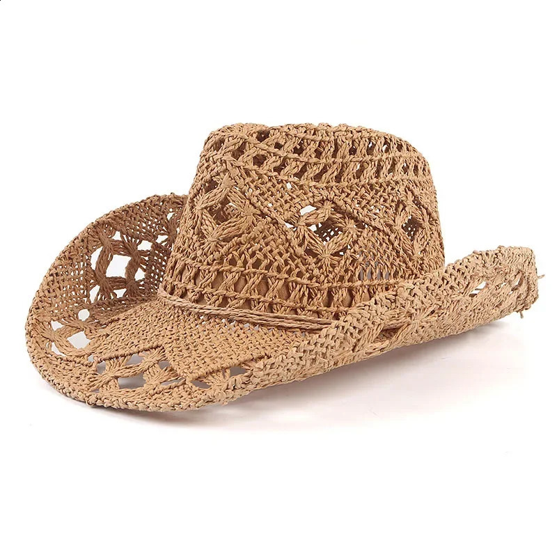 Summer outdoor mens and womens hand woven Western cowboy straw hat wide brown breathable beach jazz hat sun protection hat 240808