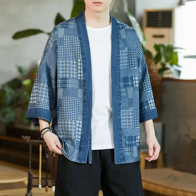 Mens plus size Japanese cardigan shirt with blue print plain half sleeved samurai kimono Yukata loose casual beach Haori robe 4XL 5XL 240814