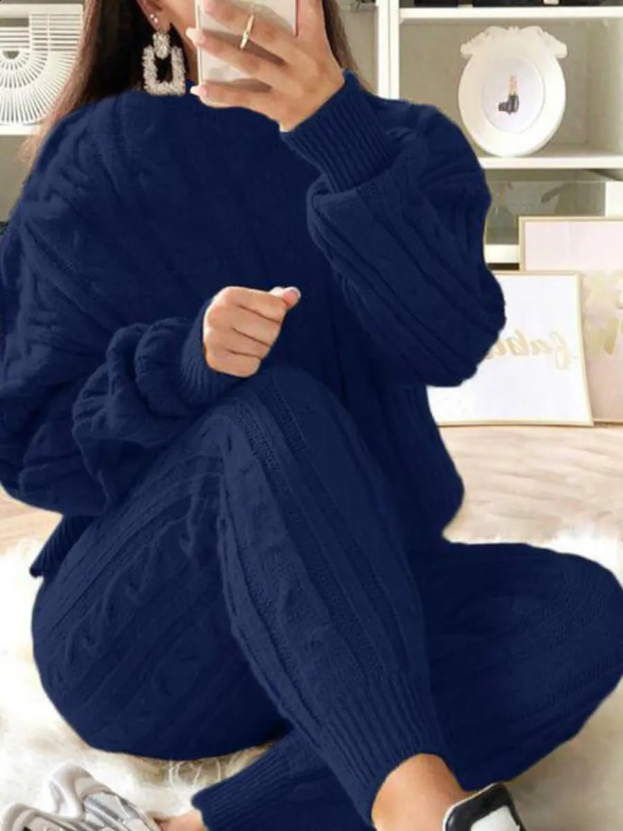 LW Plus Size Dropped Shoulder Knit Pants Set Womens Long Sleeve Knitted Casual Two-piece Sweater Long Sleeve Top Thick Sweaters 240813