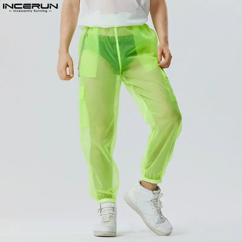Stylish Casual Style Trousers INCERUN Mens Party Shows Long Pants Sexy Solid See-through Thin Mesh Pantalons S-5XL 240814
