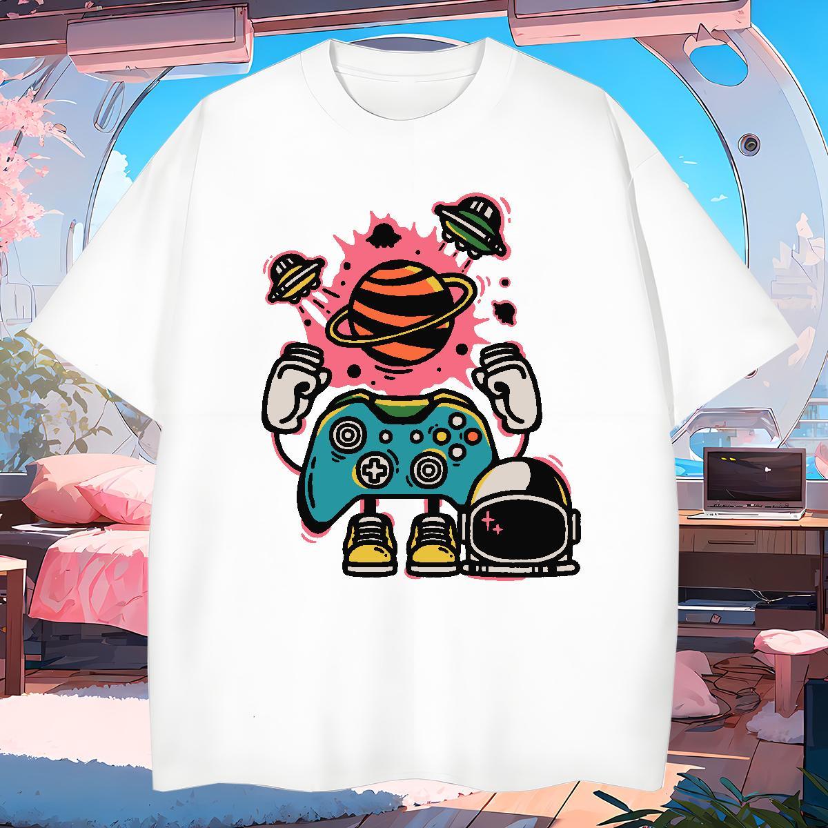 Men T Shirts 230g 100% Cotton cosmonaut Daily Wear Breathable Soft Cartoon Print Men Clothes T-Shirt 2024 Unisex Tees